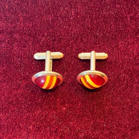 Vintage Lucite Swirl Cufflinks Red Yellow Mod Round Dome Mid Century - Picture 2 of 5